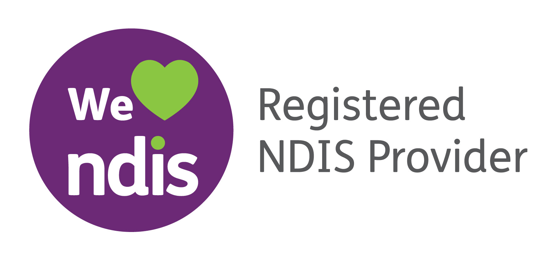 Logo of a registered NDIS provider with purple circle and green heart on a white background